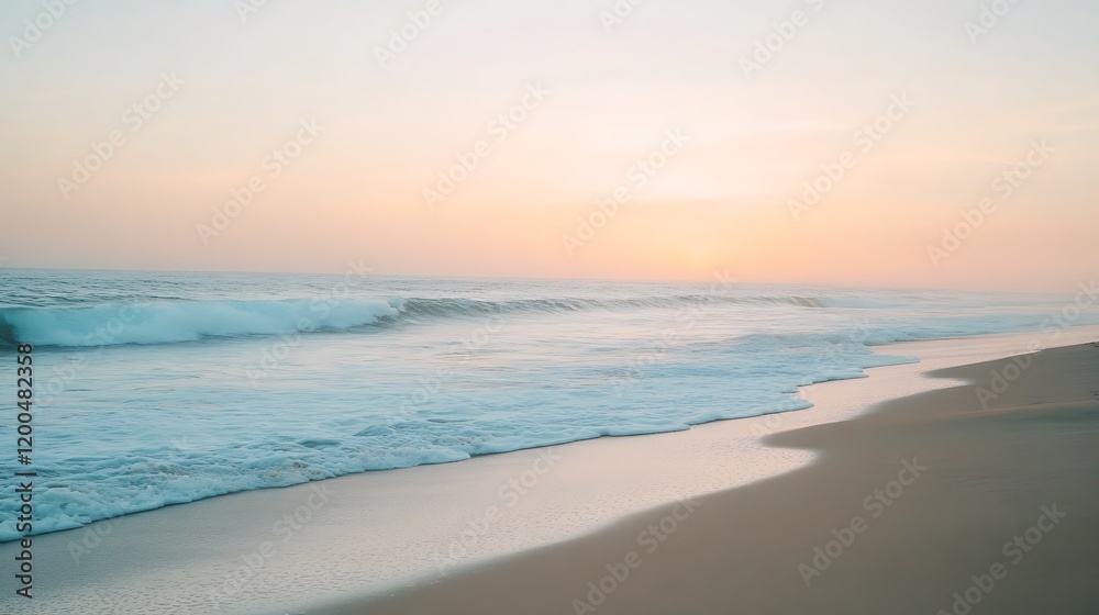 Obraz premium Serene sunset ocean beach waves; calm tranquil scene