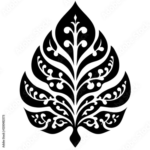 vector graphic flat design black and white stencil drawing of a Balinese batik motif in the shape of leaf all isolated on a solid pure white background symmetrical photo