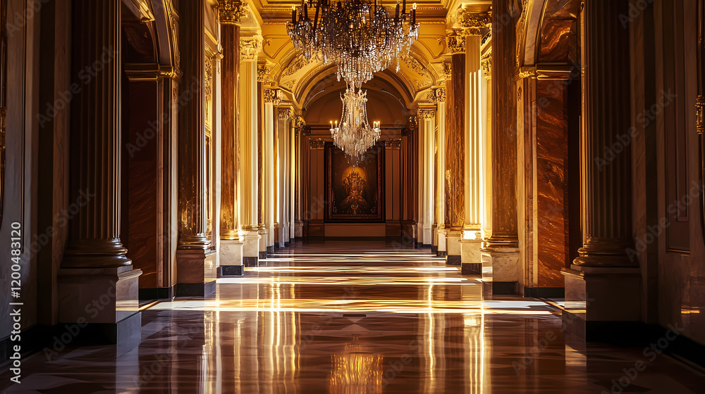 Fototapeta premium An ornate hallway with a large chandelier, marble columns, and a tapestry at the end of the hall. Gothic Cathedral Shadows. Illustration