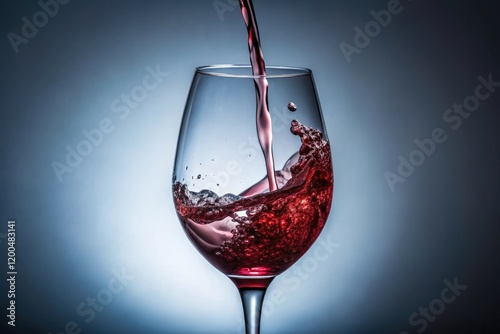 A delicate wine pourer slowly releases the liquid into a crystal clear glass filled with a few water droplets, beverage, gentle flow, wine pourer, wine pouring photo