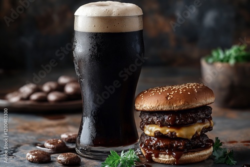 A tempting image of a dark stout beer alongside a juicy double cheeseburger, enhancing the rich and savory experience.