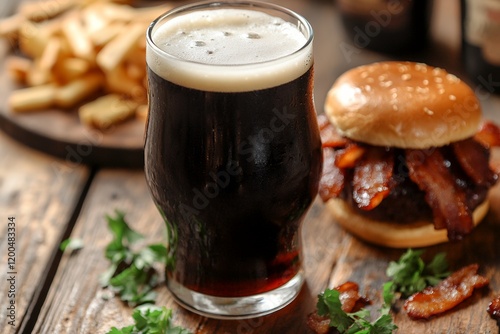A glass of dark beer sits next to a bacon burger and fries. Perfect pub meal.