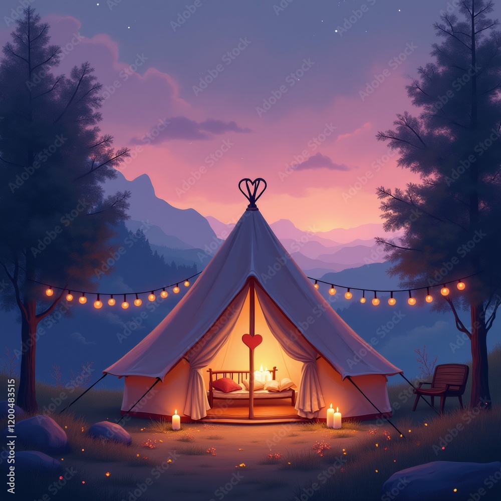 The image is a digital illustration of a tent set up in a forest at night. The tent is a large, white teepee with a heart-shaped roof and is surrounded by trees and mountains in the background.