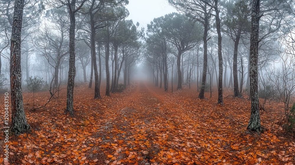 Obraz premium Misty Autumnal Forest Path: A Serene Woodland Scene