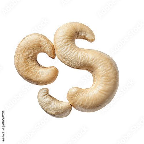 three cashew nuts arranged in a playful manner. showcasing their unique shapes and textures against a clean white background this composition highlights the natural beauty of the nuts. making it suita photo