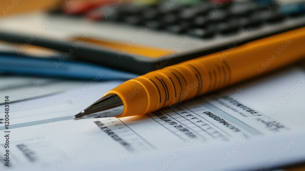 A Pen and a Calculator: Close-up of a yellow pen poised on a document with a calculator in the blurred background, highlighting the tools of business, finance, or academic study. A Pen and a Calculator: Close-up of a yellow pen poised on a document with a calculator in the blurred background, highlighting the tools of business, finance, or academic study.