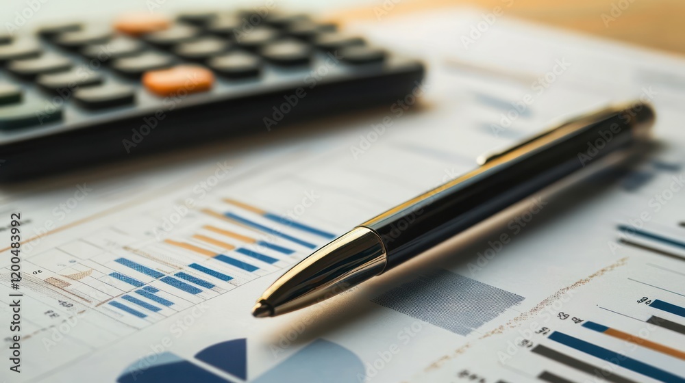 Financial Planning: Close-up of a sleek pen resting on financial documents, accompanied by a calculator, suggesting meticulous planning and strategic financial decisions. Financial Planning: Close-up of a sleek pen resting on financial documents, accompanied by a calculator, suggesting meticulous planning and strategic financial decisions.