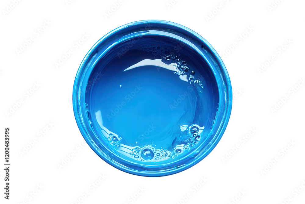 top-down view of a round container filled with vibrant blue liquid. likely paint or dye. showcasing its smooth surface and subtle bubbles the clean. white background emphasizes the color and texture o top-down view of a round container filled with vibrant blue liquid. likely paint or dye. showcasing its smooth surface and subtle bubbles the clean. white background emphasizes the color and texture o