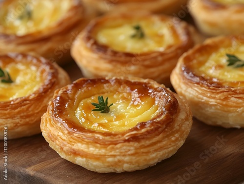 Close-up of several golden brown custard tarts, each with a flaky crust and a creamy custard filling. A delightful treat