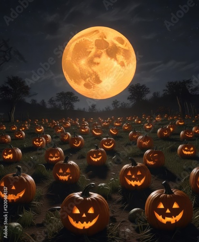 A field of pumpkins under the light of a full moon with glowing jack o lanterns scattered throughout, full moon, eerie photo