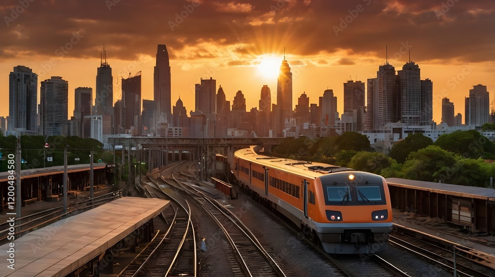 Obraz premium High Speed Train Modern Transportation City Sunrise Future