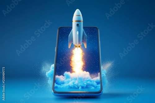 A dynamic rocket launching from a mobile device screen.