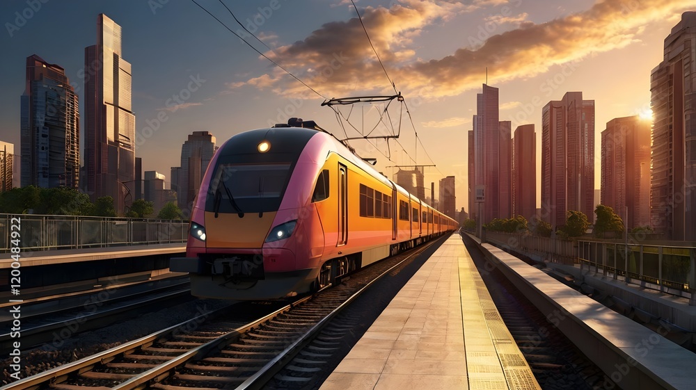 Obraz premium High Speed Train Modern Transportation City Sunrise Future