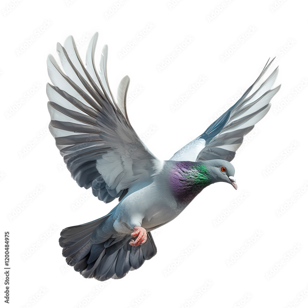 Naklejka premium a beautifully detailed of a pigeon in mid-flight. showcasing its vibrant plumage and graceful wings the bird's iridescent feathers shimmer in shades of green and purple. emphasizing its elegance and a