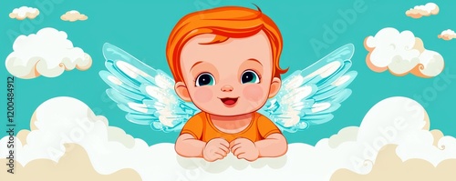 Cheerful Baby with Bright Orange Hair and Angel Wings Floating Among Soft Clouds in a Colorful Sky photo