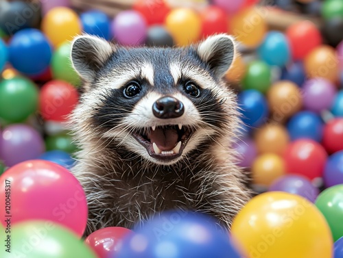 A happy raccoon enjoys a ball pit filled with many colorful balls.