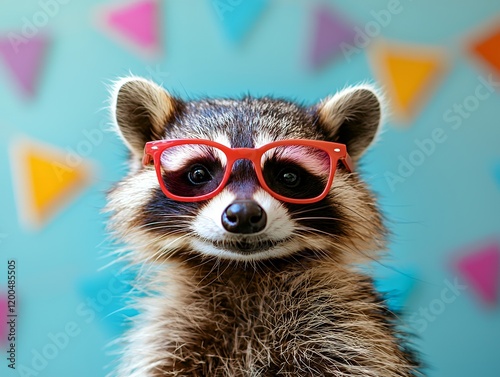 A charming raccoon wearing red sunglasses against a colorful background of triangles.  The image is playful and adorable. photo