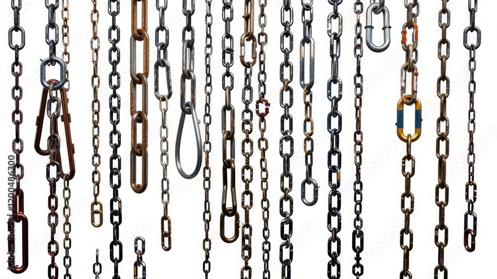 A group of hanging chains in varying lengths and materials isolated on a crisp white background, creating a visually appealing geometric pattern, minimalist decor, chained patterns A group of hanging chains in varying lengths and materials isolated on a crisp white background, creating a visually appealing geometric pattern, minimalist decor, chained patterns
