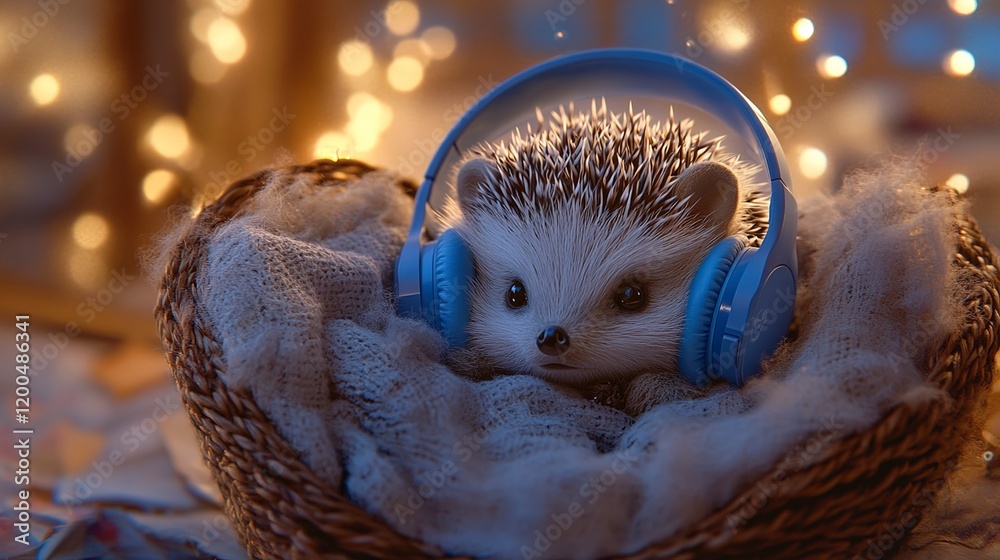 Obraz premium Adorable Hedgehog Listening to Music in Cozy Basket with Fairy Lights