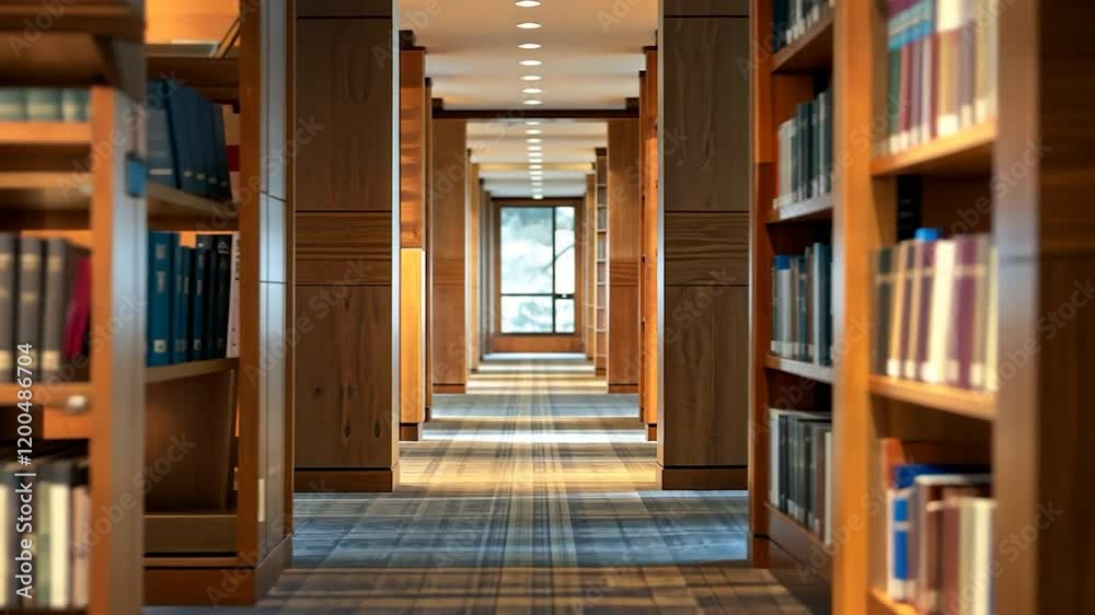 Slow motion view of serene library aisle with bookshelves showcasing academic ambiance and study space Slow motion view of serene library aisle with bookshelves showcasing academic ambiance and study space