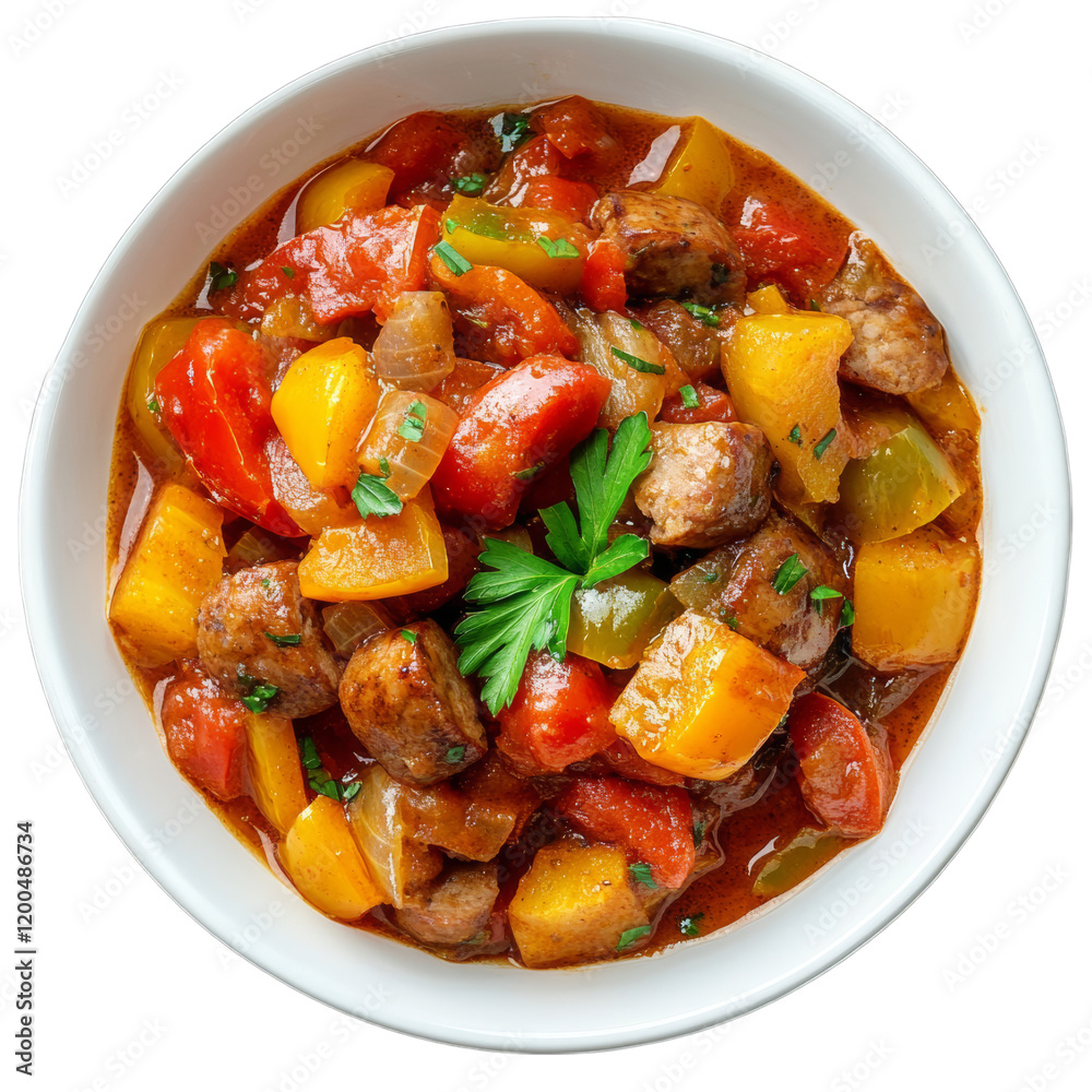 Delicious Hearty Vegetable and Sausage Stew in a Ceramic Bowl with Fresh Herbs Perfect for Winter Comfort Food Recipes Delicious Hearty Vegetable and Sausage Stew in a Ceramic Bowl with Fresh Herbs Perfect for Winter Comfort Food Recipes