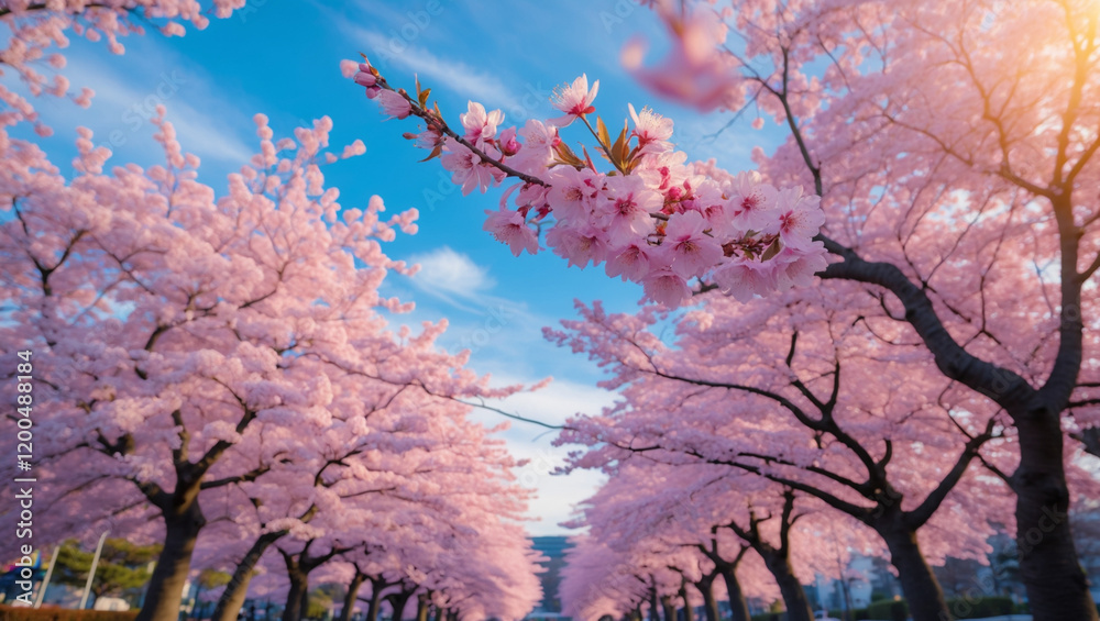 A Beautiful Avenue of Cherry Blossom Trees Blooming Under A Bright Blue Sky A Beautiful Avenue of Cherry Blossom Trees Blooming Under A Bright Blue Sky