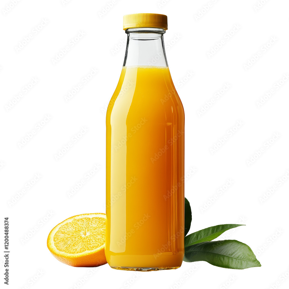 Fresh orange juice in a clear bottle with a slice of orange and leaves against a bright background, Bottle of fresh orange juice isolated Fresh orange juice in a clear bottle with a slice of orange and leaves against a bright background, Bottle of fresh orange juice isolated
