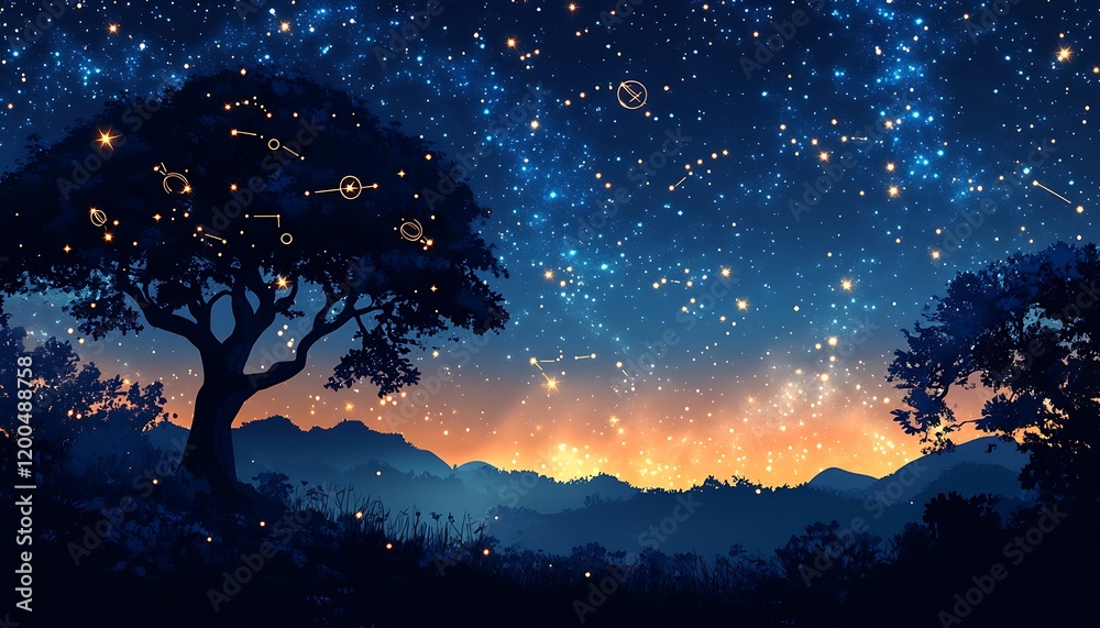 Fototapeta premium Starry night landscape with a tree silhouette, constellations, and fireflies.