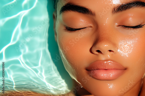 Close-up of Woman's Face with Glistening Skin Partially Submerged in Water