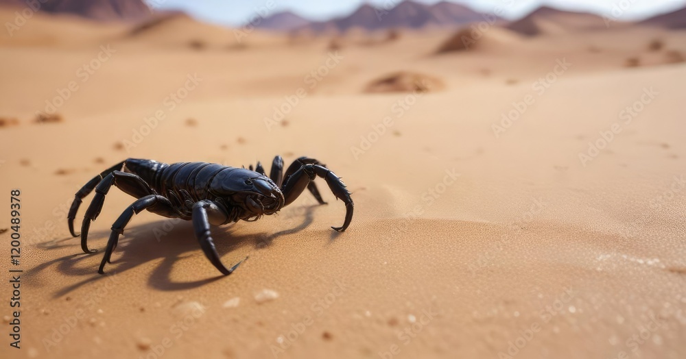 Obraz premium A black scorpion is nestled among the grains of sand in a vast, empty desert landscape, buried, dune