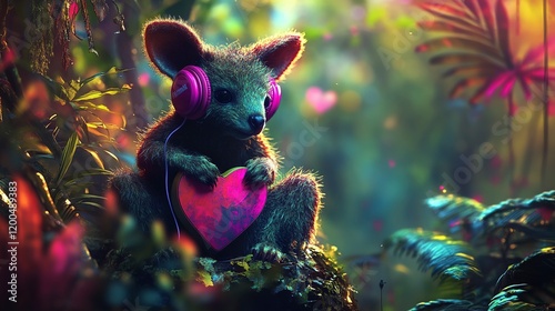 Sentient Koala with Headphones and Heart in Vibrant Jungle Setting photo