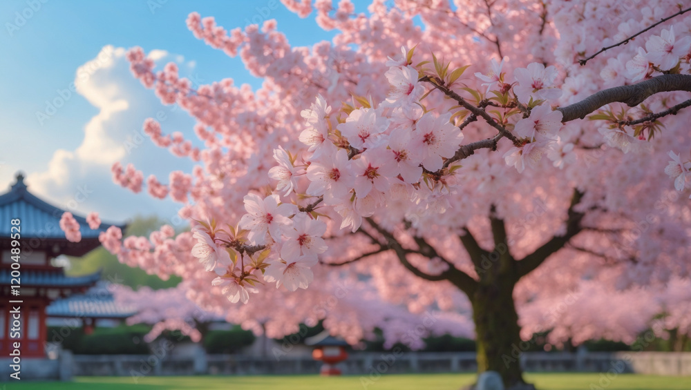 Cherry blossoms in full bloom, framing Japanese architecture on a spring day Cherry blossoms in full bloom, framing Japanese architecture on a spring day