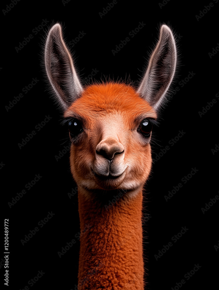 Obraz premium Guanaco Portrait: Close-up View Against Black Background
