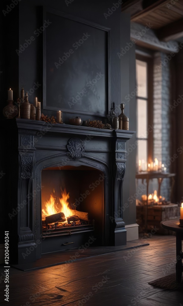 A dark and moody fireplace on a cold winter's night, firelight, cozy interior A dark and moody fireplace on a cold winter's night, firelight, cozy interior