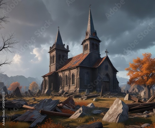 A darkened church with a broken steeple and tumbledown roof, interior, abandoned, splintered