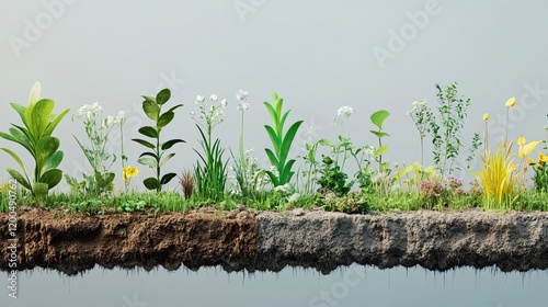 Diverse Plant Life Cross Section Showing Soil Roots and Vegetation photo