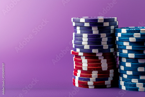Stacks of Red, Purple, and Blue Poker Chips