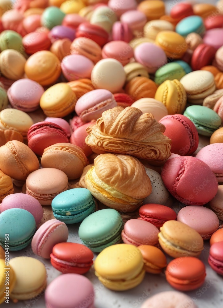 A delicate croissant nestled among a heap of colorful macarons , pastry, colorful macarons A delicate croissant nestled among a heap of colorful macarons , pastry, colorful macarons