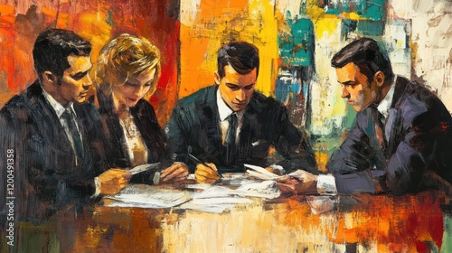 The Business Meeting: A captivating oil painting depicting a pivotal moment in a business negotiation, capturing the intense focus and deliberation of the participants.