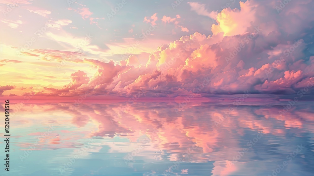 Fototapeta premium A serene seascape at sunset, with colorful clouds hovering low above the water