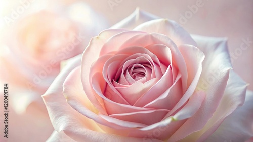 A delicate rose flower with soft pink petals unfolding its delicate center, spring flowers, nature photography