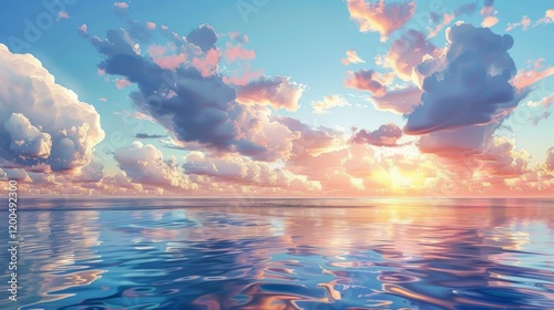 A tranquil seascape at sunset, with fluffy clouds hovering just above the calm ocean