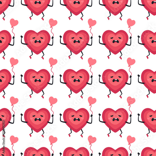 Cute Heart Seamless Pattern, Cartoon Emotion Adorable Mascot, vector pattern featuring heart characters with various emotions. Perfect for Valentine's Day designs, love-themed projects, emotional