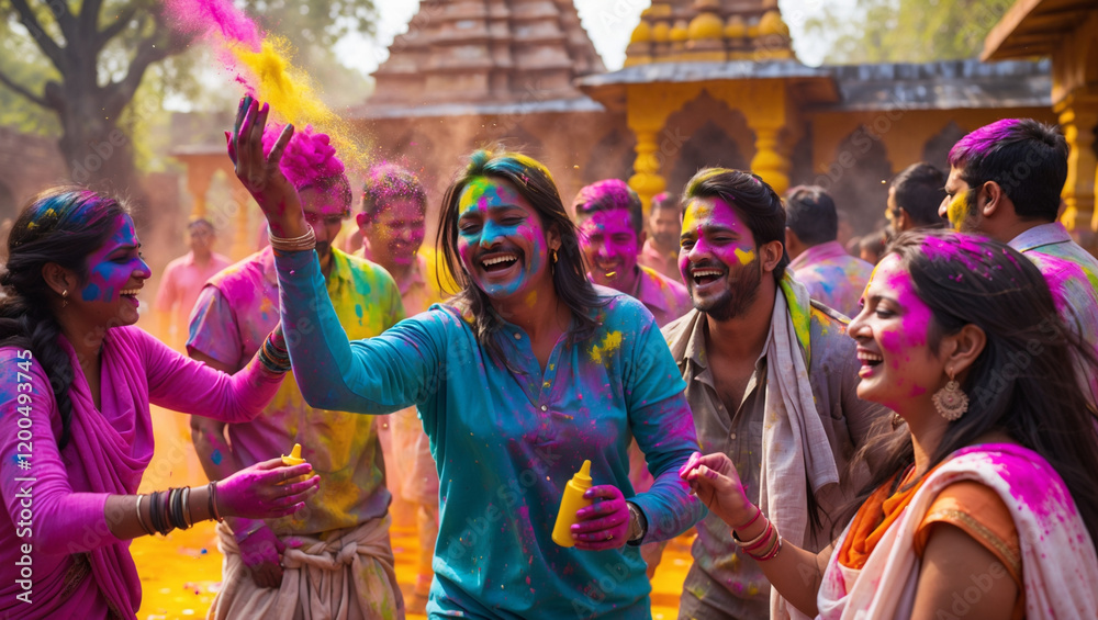 Vibrant Holi Celebration: Joyful Moments with Colorful Powder and Laughter