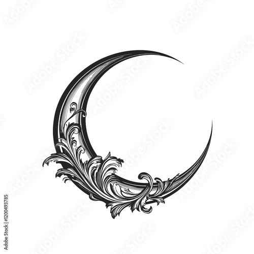 a black and white vector logo of a thin crescent moon with baroque flourishes White background hand drawn