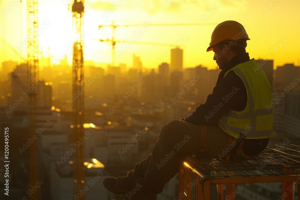 Fototapeta premium Male Construction Worker Sitting on Scaffolding at Sunset
