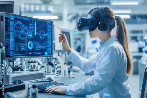 Female cybersecurity specialist using VR headset in action neon lighting high tech lab
