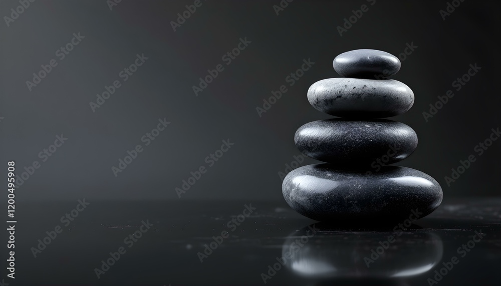 zen, stones, asymmetrical, stack, modern, matte, glossy, textures, polished, black, surface, reflections, subtle, gradient, gray, background, 8K, resolution, balance, harmony, calm, minimalist, 