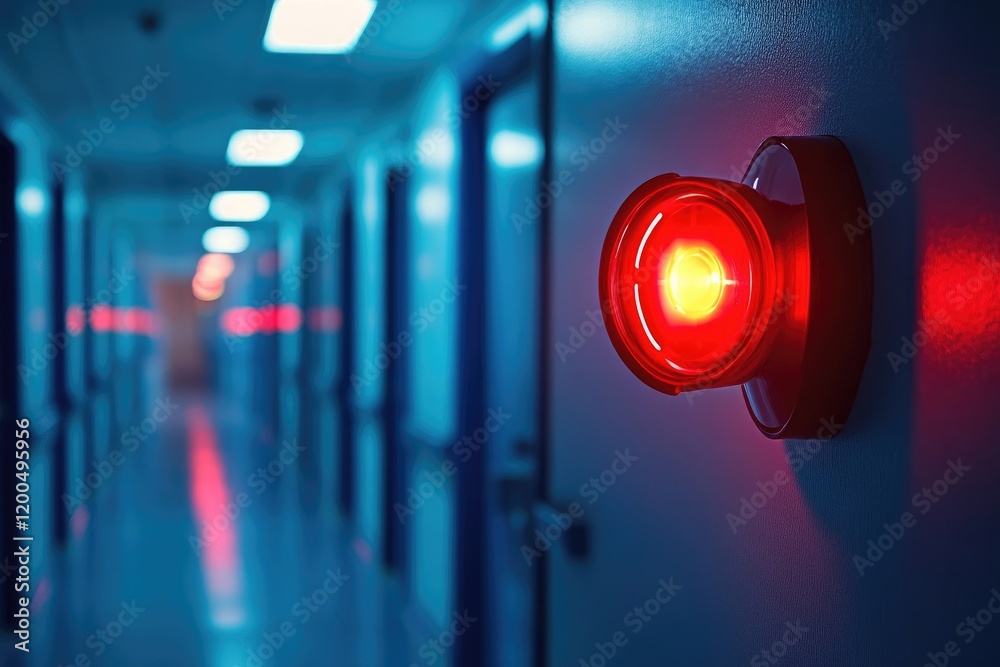 Obraz premium Close-up of a bright red emergency alert light in a hallway.