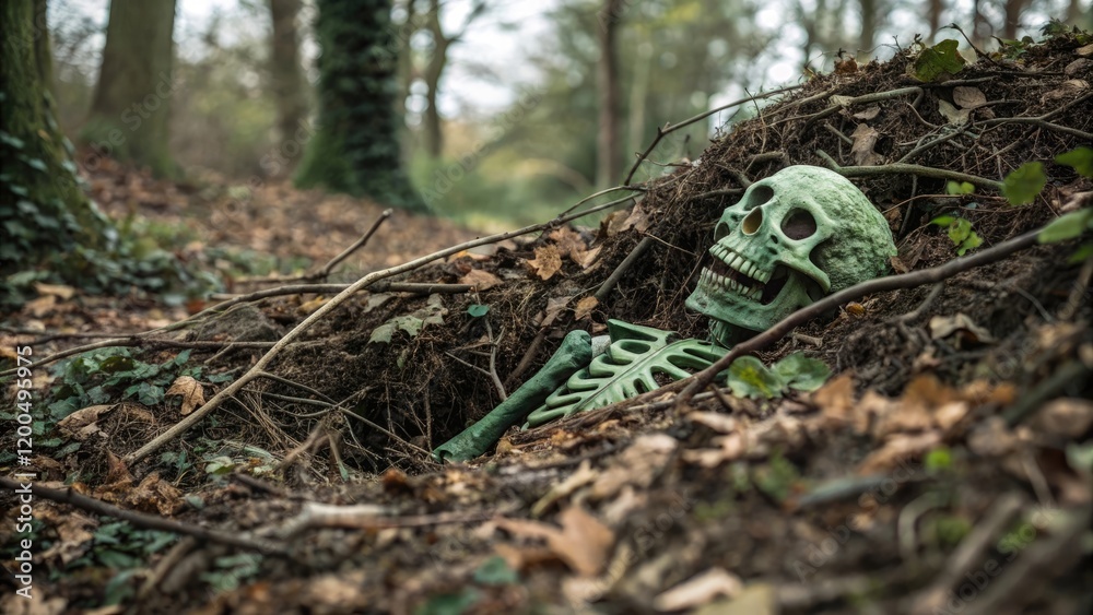 A green fuzzy skeleton is buried under a pile of leaves and branches, ancient relic, A green fuzzy skeleton is buried under a pile of leaves and branches, ancient relic,